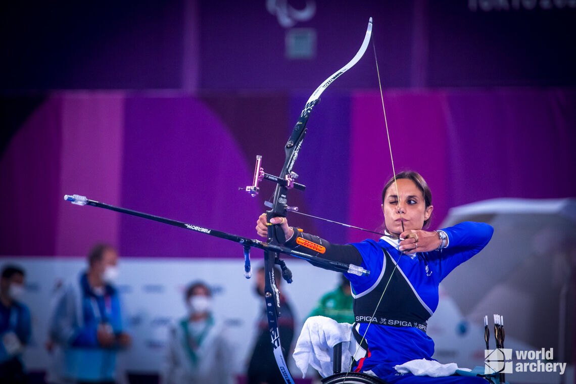 Reigning recurve women open’s Paralympic Champion Vincenza Petrilli shooting at Tokyo 2020.