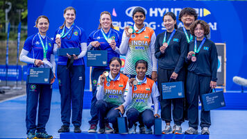 Compound women’s team podium at Shanghai 2024 Hyundai Archery World Cup.